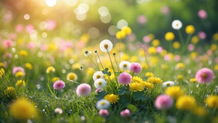 Beautiful summer natural background featuring yellow and pink flowers such as daisies, clovers, and dandelions in the grass.
