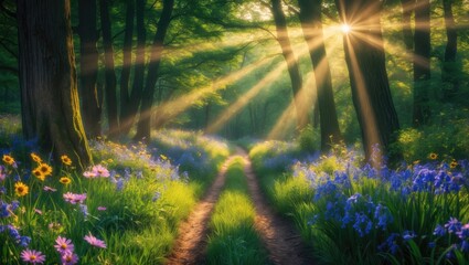 Beautiful wild flower woodland path illuminated by dawn sunrise