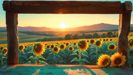 Beautiful sunflower field as background with wooden desk and copy space for product advertisement display