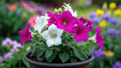 Beautiful petunias display their vibrant colors in a well-kept garden filled with blooming flowers beneath clear skies.