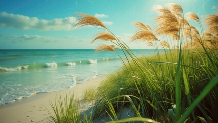 Beautiful sunny day at a white sand beach with sparkling Gulf of Mexico waters in Pensacola, Florida with ripe seasonal sea oats blowing in the breeze