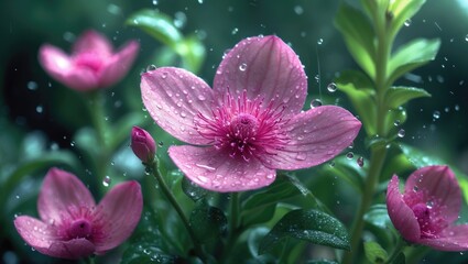 Beautiful purple flowers in the morningscape, encircled by lush green grass.