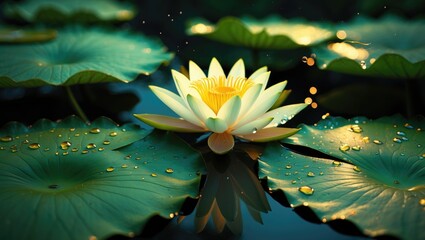 Beautiful white lotus flower with water droplets on the petals blooming in the pond surrounded by green lotus leaves.