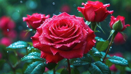 Beautiful, freshly blooming red roses.