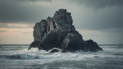 Beautiful image of ocean water surrounding a rock formation beneath a gloomy sky.