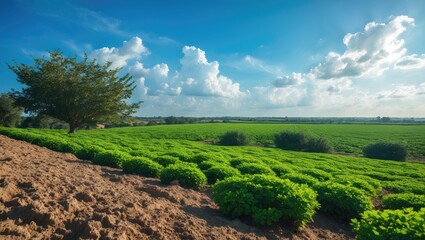 Beautiful view of the production forest with newly planted eucalyptus trees on a hot afternoon under the sun and bright blue sky