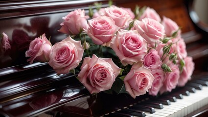Elegant pink bouquet of flowers placed on the piano.