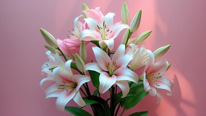Beautiful white lily plant on pink background, top view. Area reserved for text.