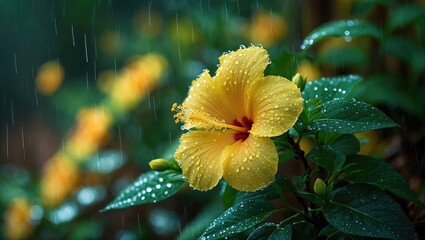 Beautiful Turnera ulmifolia observed in nature following a gentle rain shower.