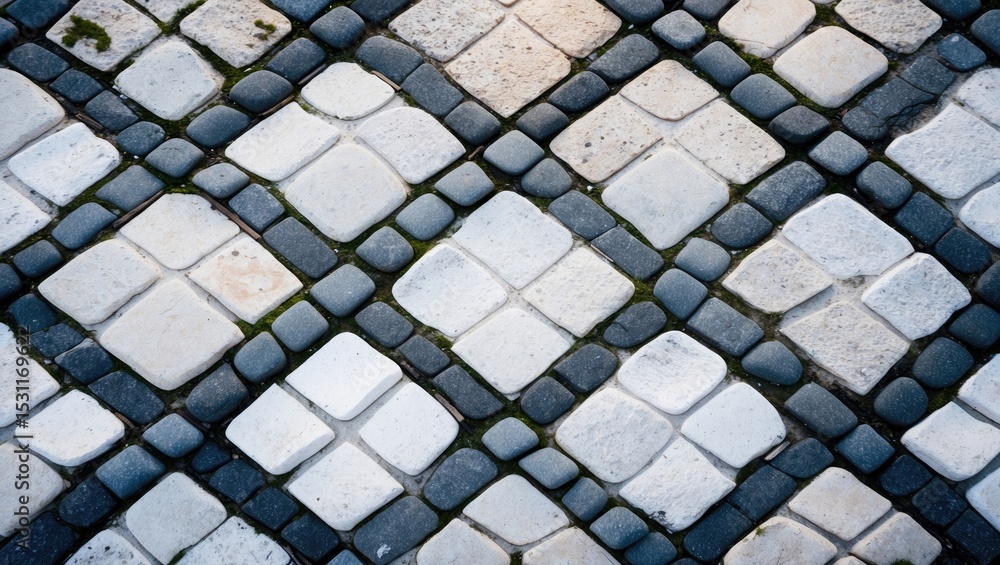 Poster cobblestone street with ornaments; stone textured pattern â€“ top view.