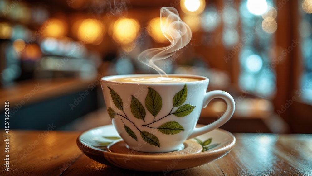 Poster coffee latte on a wooden table serving as a cozy and stylish setting.