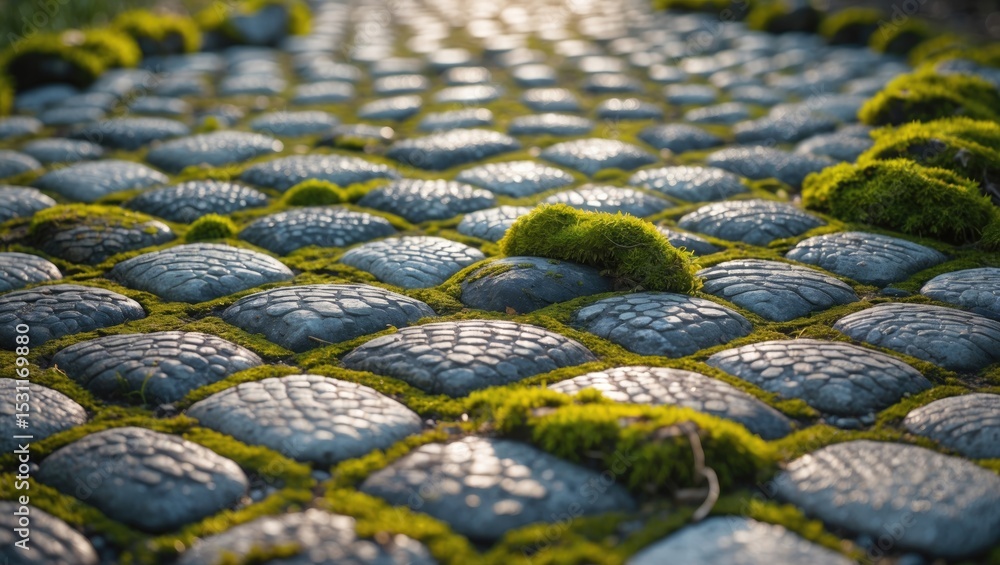 Poster cobblestone pathway featuring mossy growth and authentic textures.