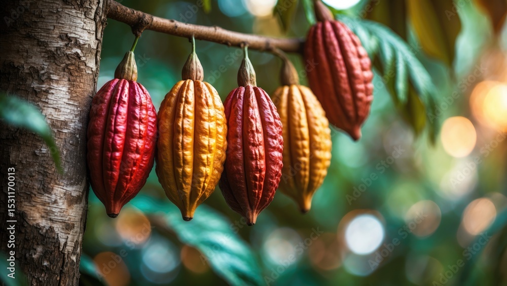 Aufkleber Cocoa pods on tree in a blurred garden setting