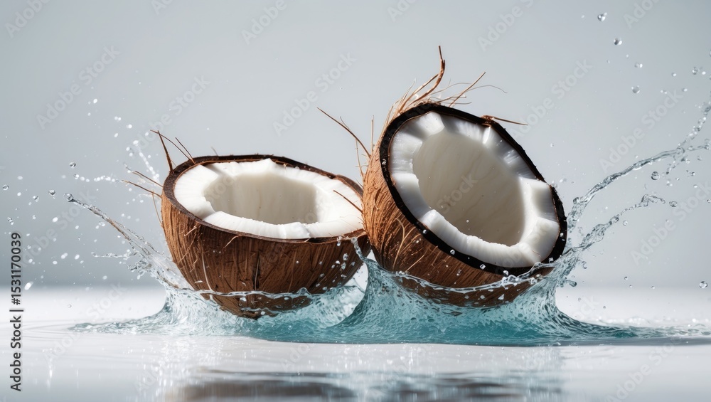 Poster Coconuts with water splash isolated on a plain background.