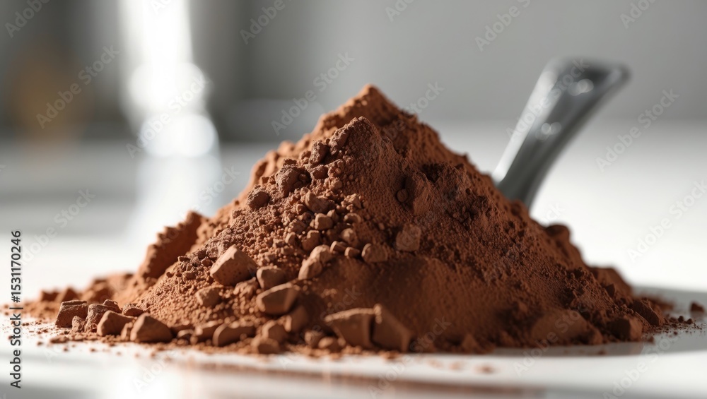 Poster cocoa powder in a measuring cup placed on a white background.