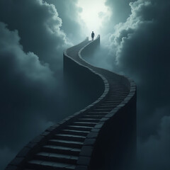 Lone Figure on a Winding Stairway to the Light Through Clouds