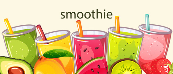 Fruit smoothies. Background with summer, refreshing drinks. Vector illustration.