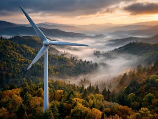 Wind turbine graces misty forested valley