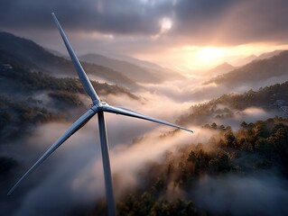 Wind turbine overlooks misty mountain sunrise