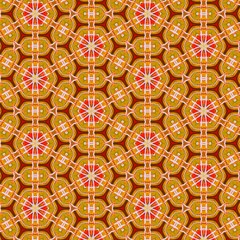 Seamless kaleidoscope floral pattern geometric flowers with red and gold hues, design for fabric, wallpaper, and backgrounds
