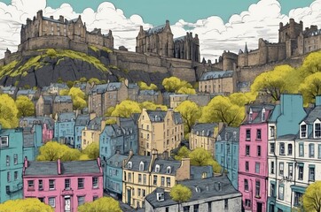 Vibrant cityscape of historical Edinburgh with colorful houses and castle backdrop under a bright sky