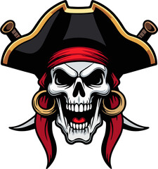 Bold Pirate Skull Vector with Red Bandana, Tricorn Hat, and Gold Earrings
