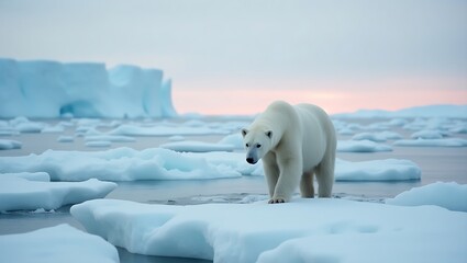 A lone polar bear crosses a vast expanse of sea ice under a cold Arctic sky, surrounded by endless snow and silence.