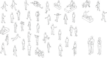 Isometric vector illustration of people walking, talking, sitting, pointing, using devices, casual interaction, urban lifestyle, character design, minimal scene, outline style