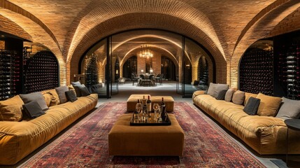 Modern Wine Cellar with Vaulted Brick Ceiling and Luxurious Furnishings