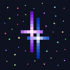 Pixel art purple and blue double star. Star, glitter, sparkles. Pixelated starry sky sign. Space shining object. Videogame icon. 8 bit retro style vector illustration