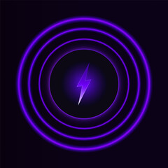 Wireless charging icon on dark background. Purple neon glowing lightning bolt symbol and waves. Battery charger indicator. UI, UX design. Vector illustration