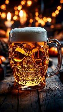 Skull-Shaped Beer Stein with Festive Bokeh Background
