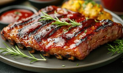 Grilled barbecue ribs with rosemary