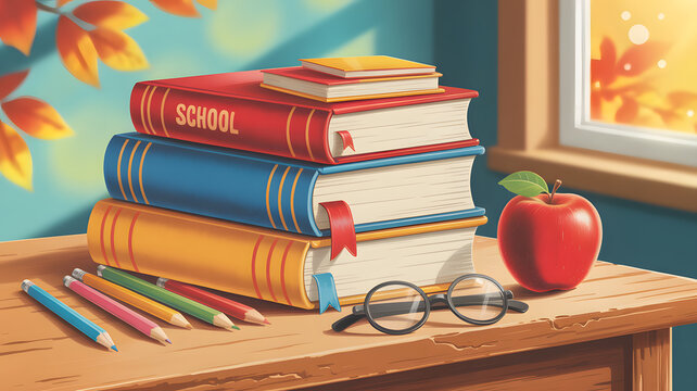 Back to school books apple pencils desk