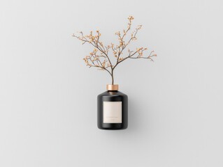 Minimalist Flat Lay of Black Bottle with Dried Orange Flowers and Pen