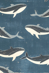 Repeated design with little whales, perfect for packaging and retro interiors