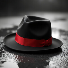 Black Fedora Hat with Red Ribbon on a Rainy Street