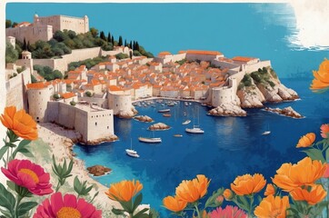 Colorful coastal town with historic architecture and boats during a sunny day by the sea