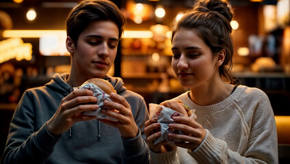 Young couple enjoying burgers together at an outdoor fast food restaurant at night