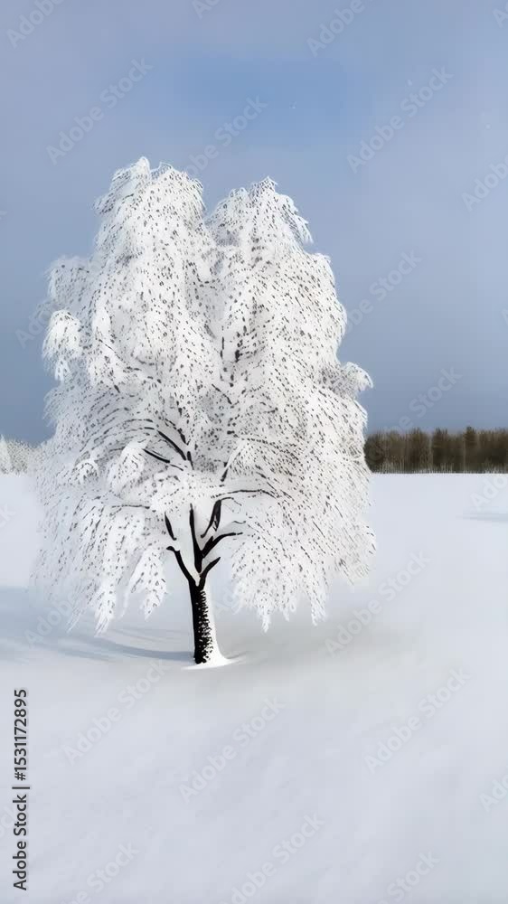Poster tranquil snow covered field with frosted trees against a pale sky creating a serene and minimalist w