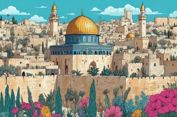 Golden dome of Jerusalem shines under clear blue sky surrounded by ancient walls and vibrant flowers