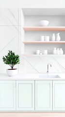 Minimalist Kitchen Interior with Light Green Cabinets and White Marble Backsplash