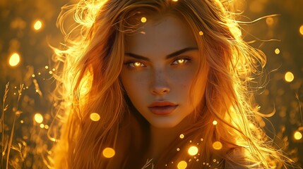 Fantasy style portrait of glowing blonde woman with magical sparkles in her hair and intense gaze against golden light. Concept of mysticism and beauty
