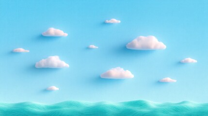 Minimalist Pastel Blue Sky and Ocean Scene with White Clouds