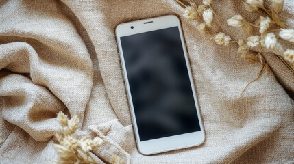 White Smartphone on Beige Fabric with Dried Flowers