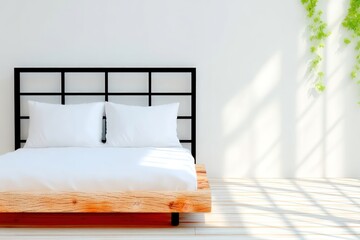 Minimalist White Bedroom with Wooden Bed and Sunlight