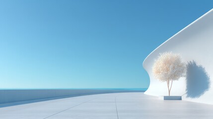 Minimalist White Curved Wall with Plant Silhouette and Ocean View