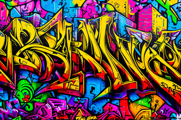 Obraz premium Colorful Urban Graffiti Art on Wall – Street Style Mural Illustration. Vibrant and dynamic graffiti artwork painted on a city wall, featuring bold lettering, vivid colors, and floral elements.