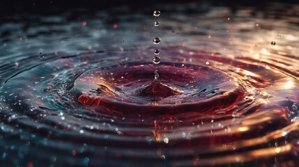 Water Droplet Impacting Dark Liquid Surface Creating Vibrant Ripples