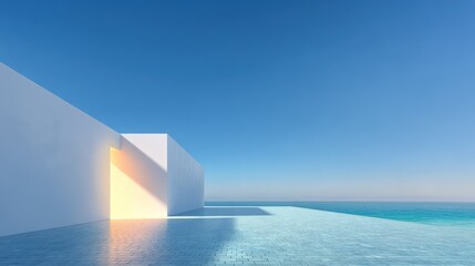 Minimalist White Geometric Structure by the Sea Under Bright Sunlight